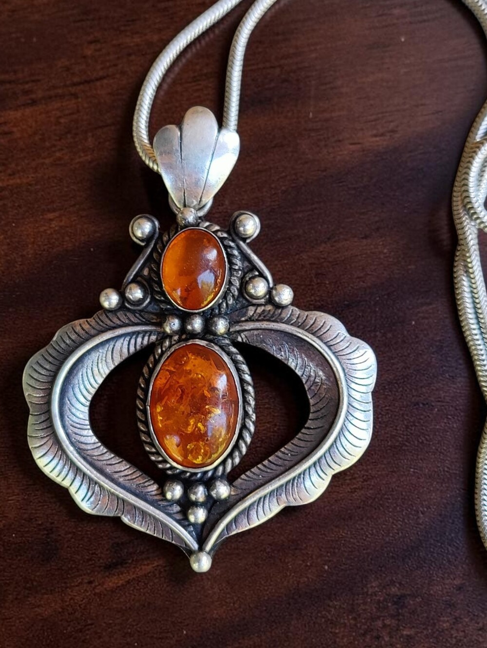 Vintage Native American Sterling Silver Amber Pendant Necklace